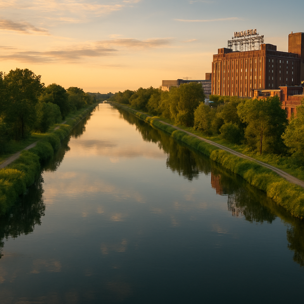 The Lachine Canal with lush green riverbanks at golden hour